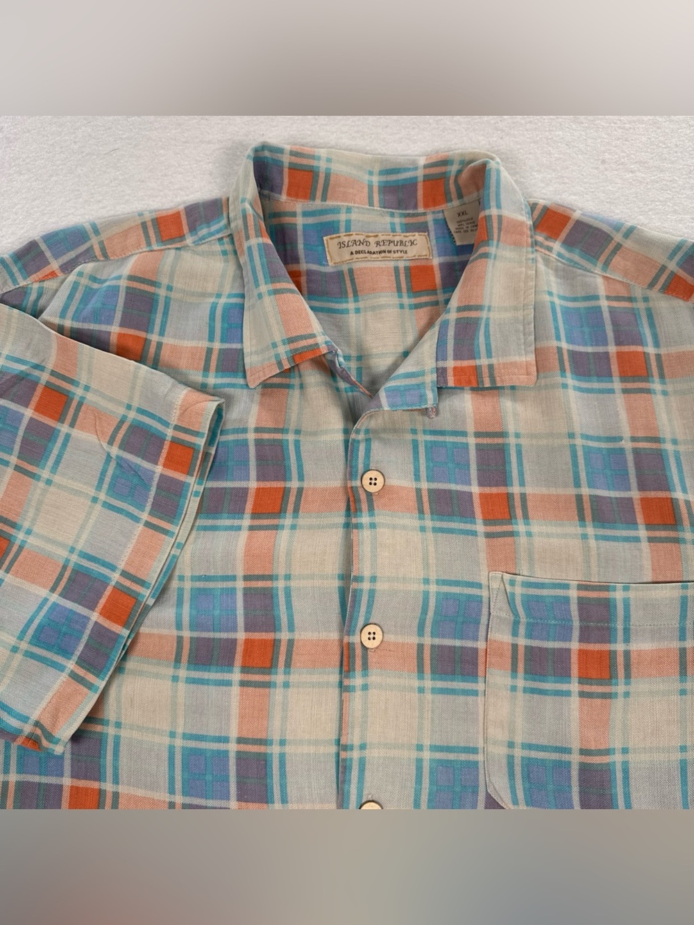 Island Republic Camp‎ Shirt Mens 2XL Blue Orange Plaid 100% Silk Short Sleeve